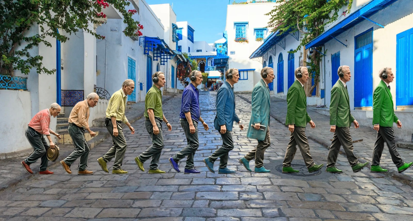 Person correcting posture while walking with headphones